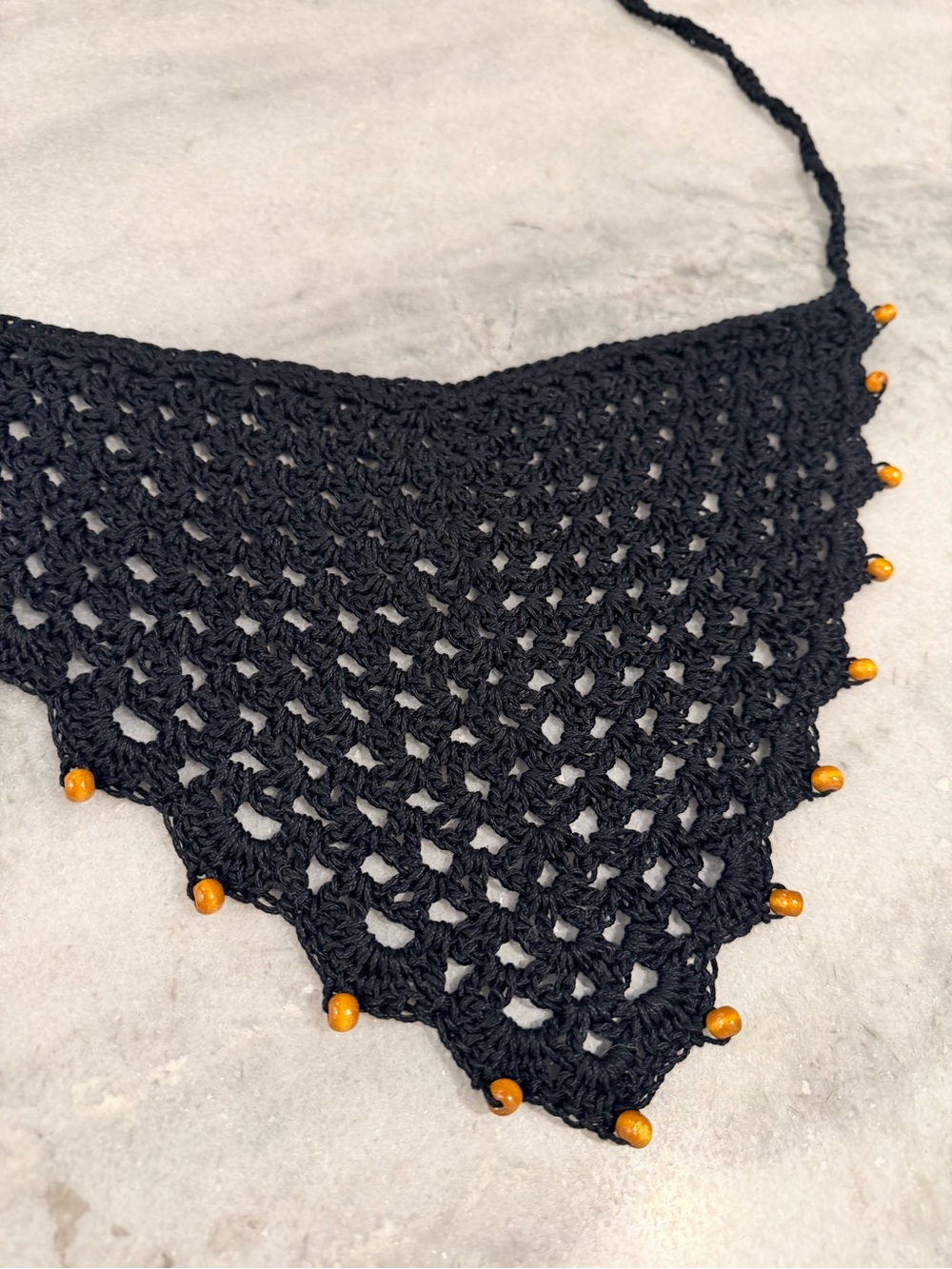 Handmade Crochet Wood Beaded Kerchief Head Scarf Cotton Boho Bandana Cottagecore